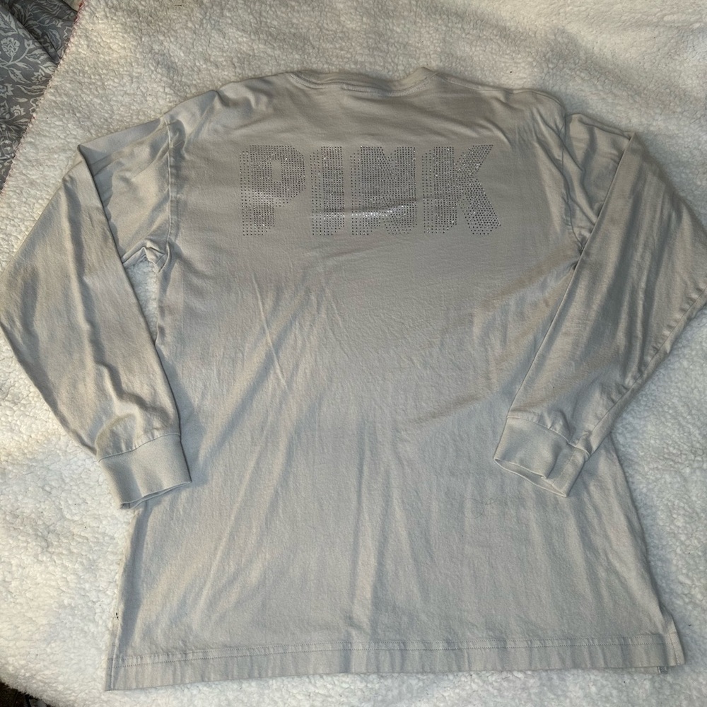 Victoria's Secret PINK Shine Bling Logo Light Gray Campus L/S Tee Shirt Small - Picture 4 of 7